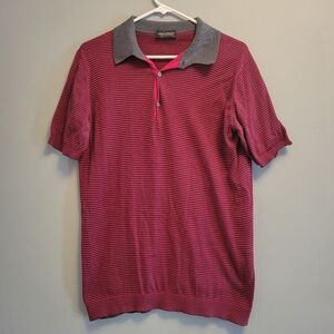 John Smedley Polo Shirt Mens Medium Red Black Stripe Made in Britain Cotton